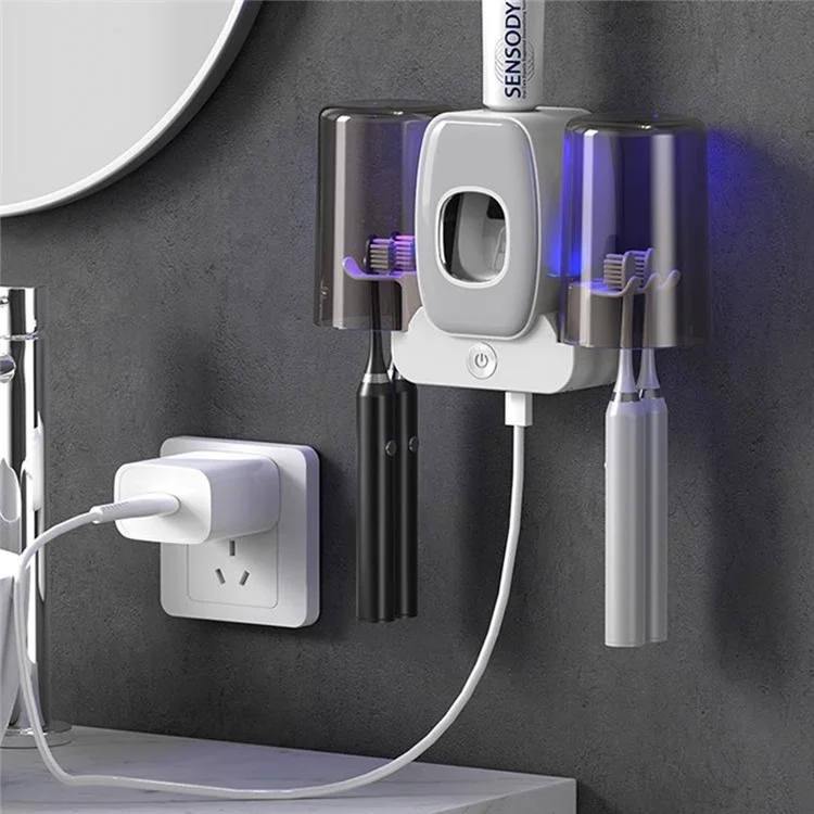 Wall Mounted Toothbrush Holder UV Sanitizer Smart Electric Toothbrush Cup Organizer with Toothpaste Dispenser - Black