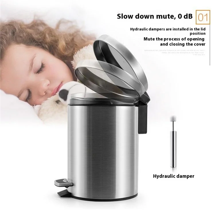 12L Round Stainless Steel Garbage Can Home Hotel Office Stylish Waste Container with Pedal - Steel Color