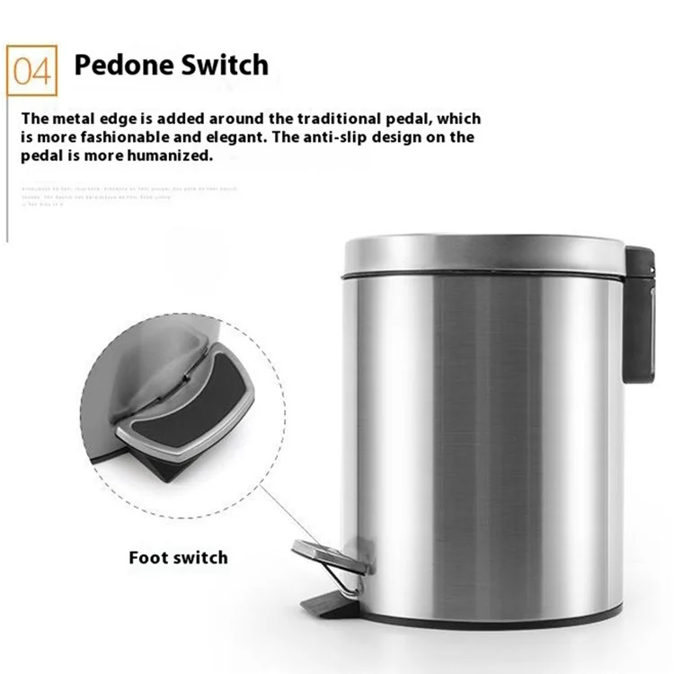 5L Round Stainless Steel Garbage Can Home Hotel Office Stylish Waste Container with Pedal - White