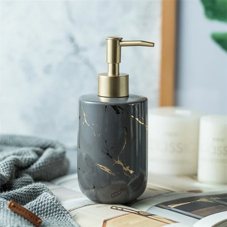 Dispensador de jabón de 370 ml con textura de mármol nórdico, de cerámica, recargable, para champú / gel de ducha / desinfectante de manos - Negro mate