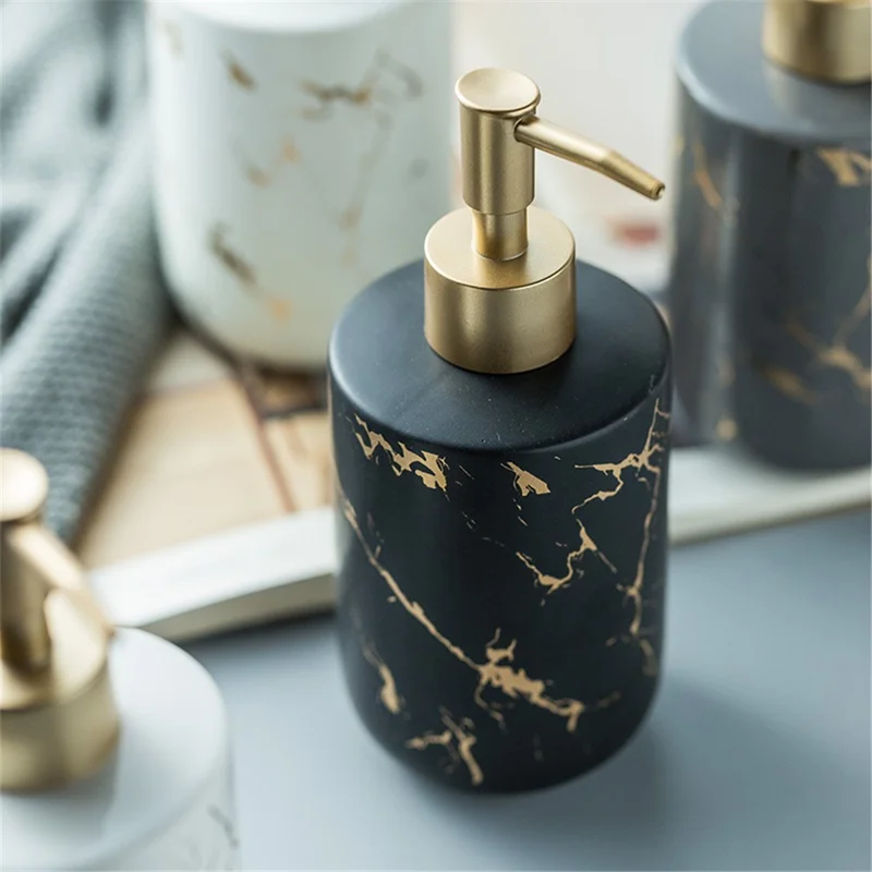 370ml Nordic Soap Dispenser Marble Texture Ceramic Refillable Pump Bottle for Shampoo / Body Wash / Hand Sanitizer - Matte White