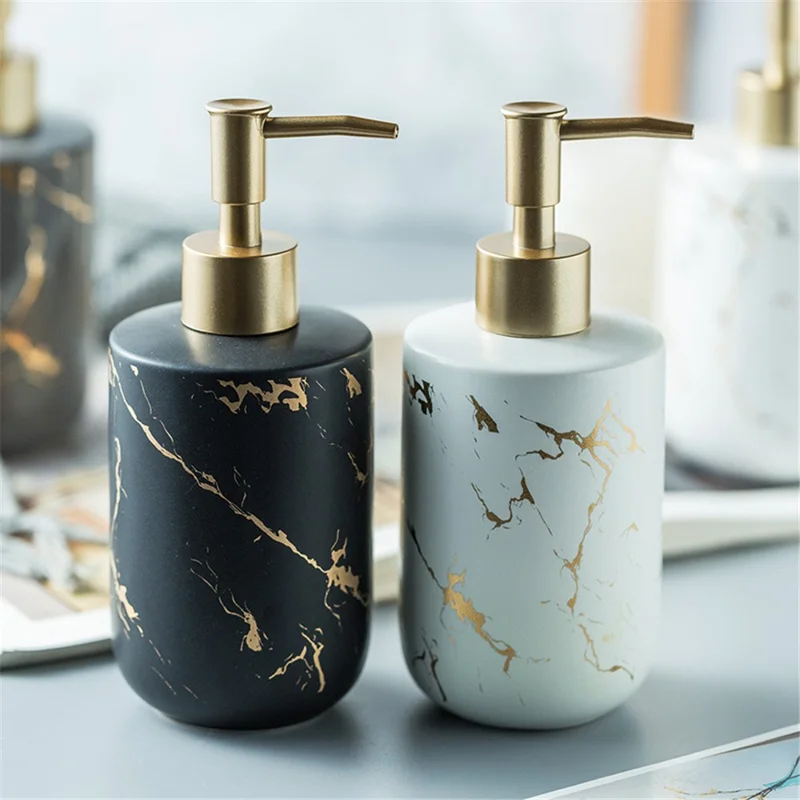 370ml Nordic Soap Dispenser Marble Texture Ceramic Refillable Pump Bottle for Shampoo / Body Wash / Hand Sanitizer - Matte White