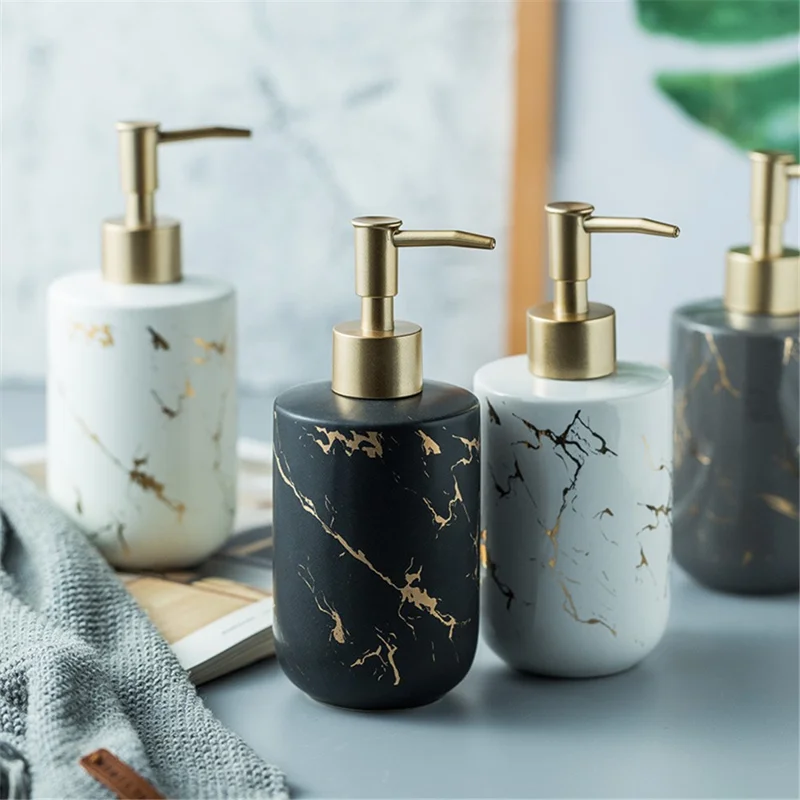370ml Nordic Soap Dispenser Marble Texture Ceramic Refillable Pump Bottle for Shampoo / Body Wash / Hand Sanitizer - Matte White