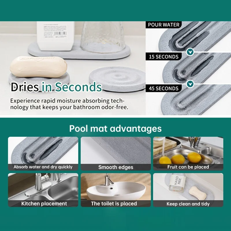 3PCS Bathroom Countertop Absorbent Mat Diatom Mud Kitchen Faucet Quick Dry Pad Drying Stone Tray - Dark Grey