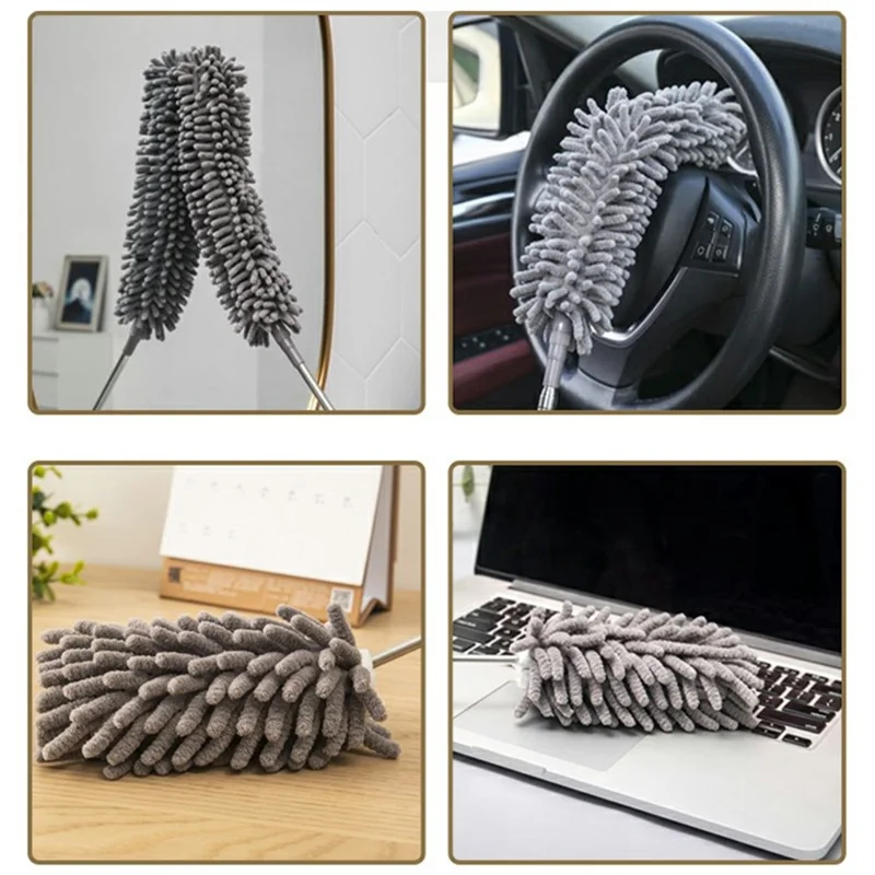 3 i 1 mikrofiberfjädrande dammsvep med teleskopisk stav, böjbar statisk dammsvepsborste