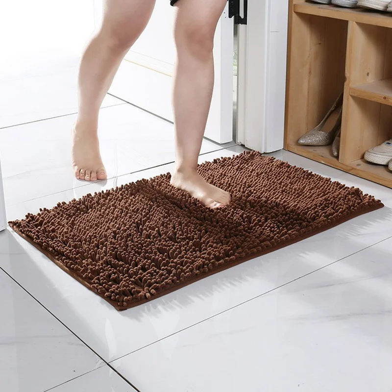 Bathroom Rug Mat 60x90cm Absorbent Water Bath Rug Non Slip Washable Chenille Shower Mat - Coffee