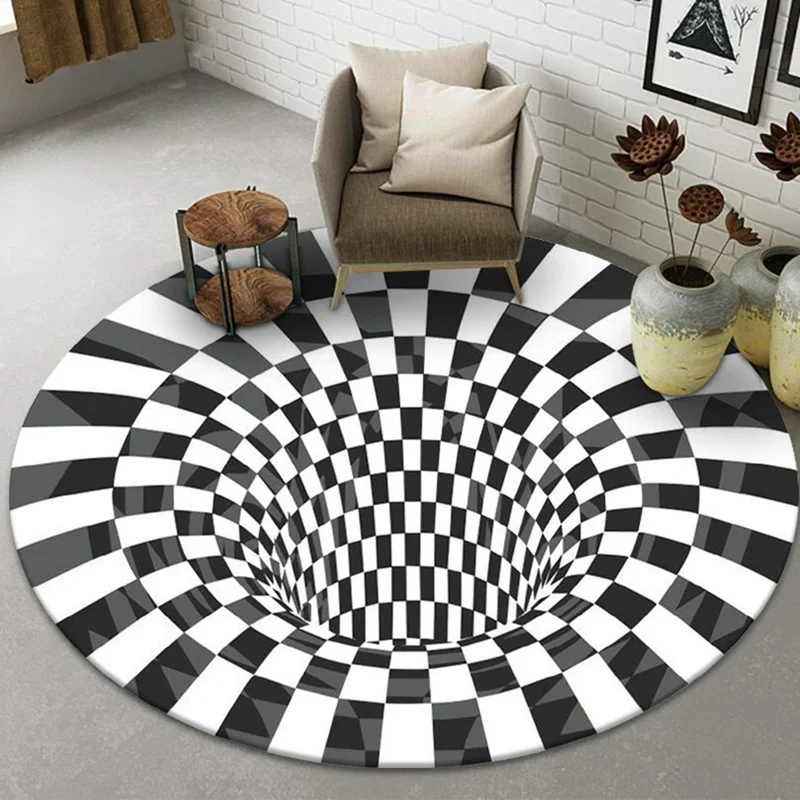 3D Optical Illusion Round Carpets 100cm Diameter Rugs Black White Spiral Vortex Design Living Room Mat - Style 4