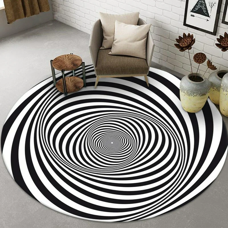 3D Optical Illusion Round Carpets 100cm Diameter Rugs Black White Spiral Vortex Design Living Room Mat - Style 8