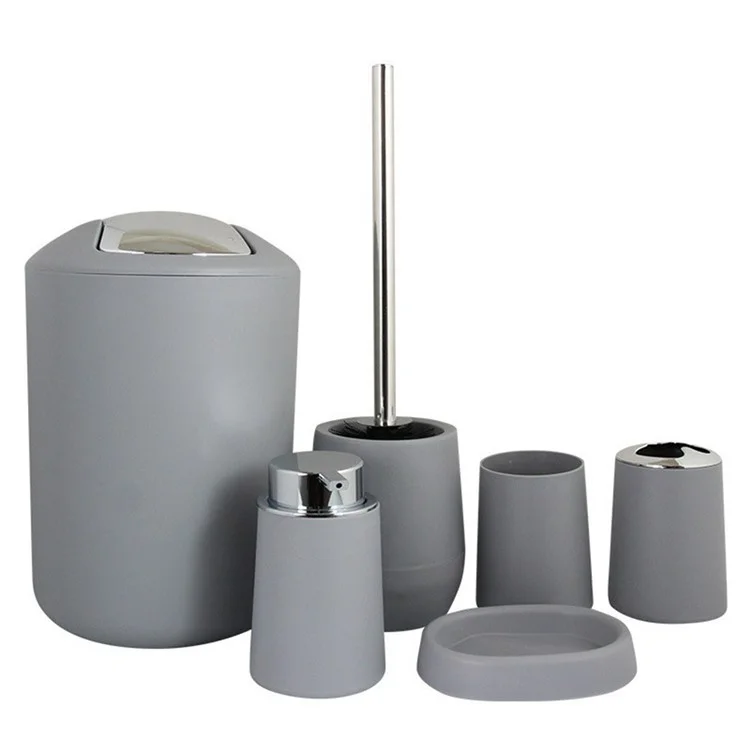 T223 6Pcs Bathroom Toothbrush Holder Rinse Cup Soap Dish Trash Can Toilet Brush Set - Grey