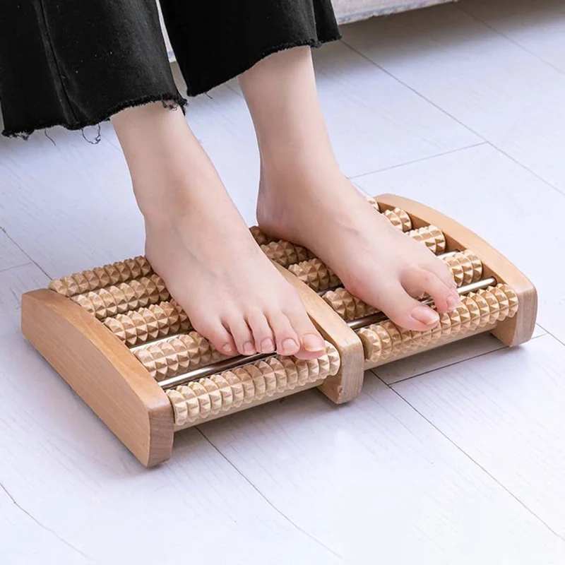 Rolo de Massagem para os Pés de Madeira com 5 Fileiras, Tubo de Aço para Reflexologia e Acuponto para Uso Doméstico