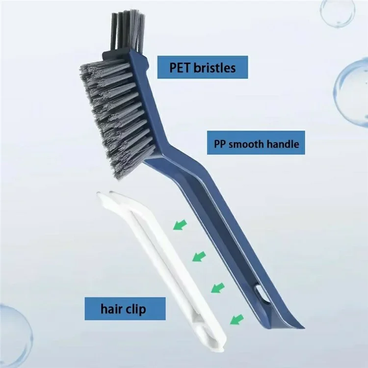 Multifunction Bathroom Brush Grout Cleaner Tile Scrubber Crevice Cleaning Hard Bristle Brush Built In Hair Clip - Blue