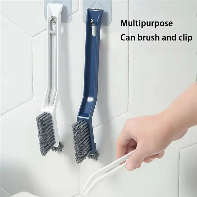 Multifunction Bathroom Brush Grout Cleaner Tile Scrubber Crevice Cleaning Hard Bristle Brush Built In Hair Clip - Blue