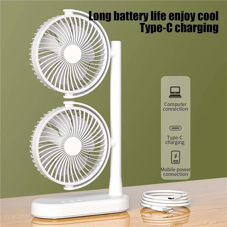 Ventilateur de bureau F-052 à double tête pour bureau ou dortoir, 3 vitesses, rechargeable par USB, circulateur d'air (Batterie intégrée de 4000 mAh)