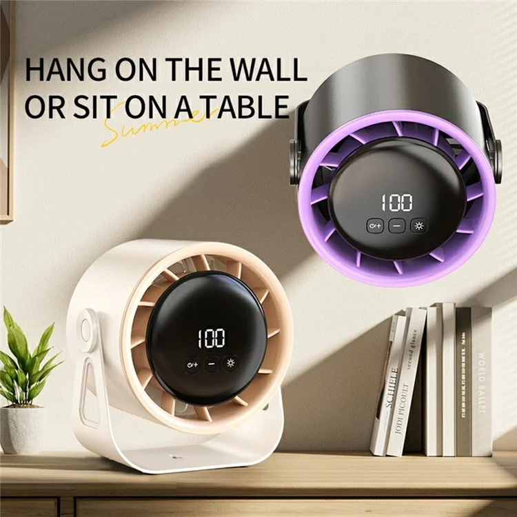 100 vitesses Ventilateur de bureau réglable Affichage numérique Ventilateur mural avec éclairage ambiant (Certifié CE) - Blanc