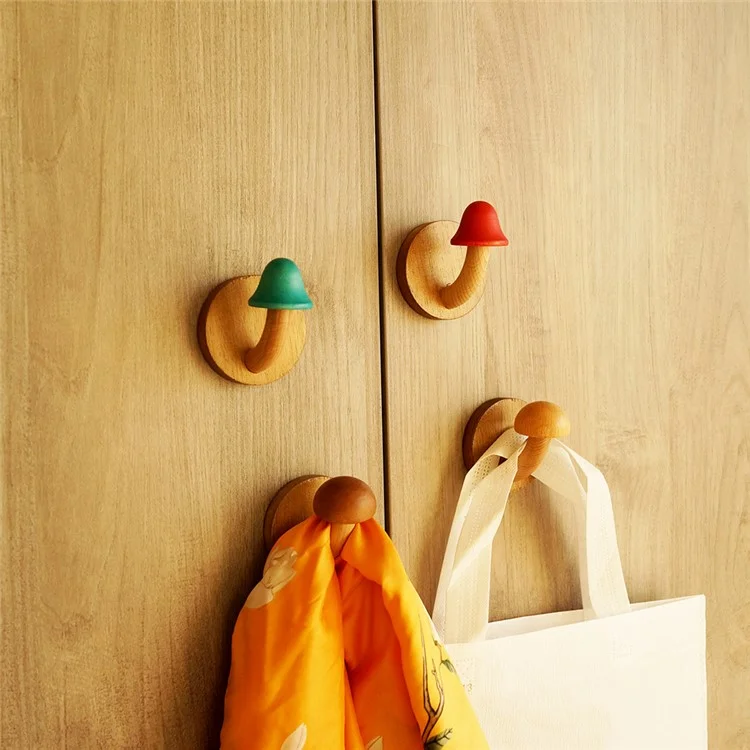 Wooden Mushroom Wall Hook Coat Hanger Nordic Style Home Entryway Door Back Storage Hook - Wood Color / Adhesive Type