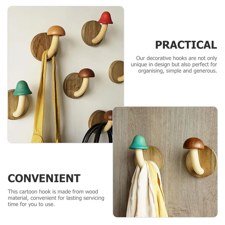 Wooden Mushroom Wall Hook Coat Hanger Nordic Style Home Entryway Door Back Storage Hook - Wood Color / Adhesive Type