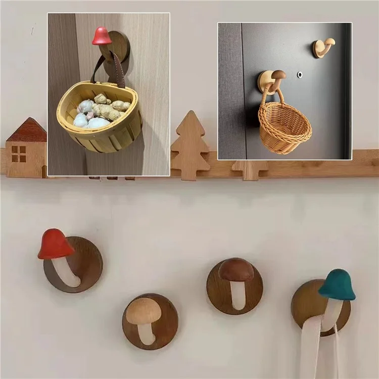 Wooden Mushroom Wall Hook Coat Hanger Nordic Style Home Entryway Door Back Storage Hook - Wood Color / Adhesive Type