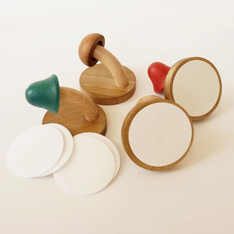 4Pcs Creative Wooden Mushroom Wall Hooks Adhesive Mounting Door Back Storage Hook Coat Hanger