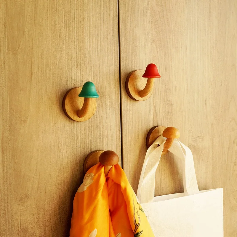 4Pcs Creative Wooden Mushroom Wall Hooks Adhesive Mounting Door Back Storage Hook Coat Hanger