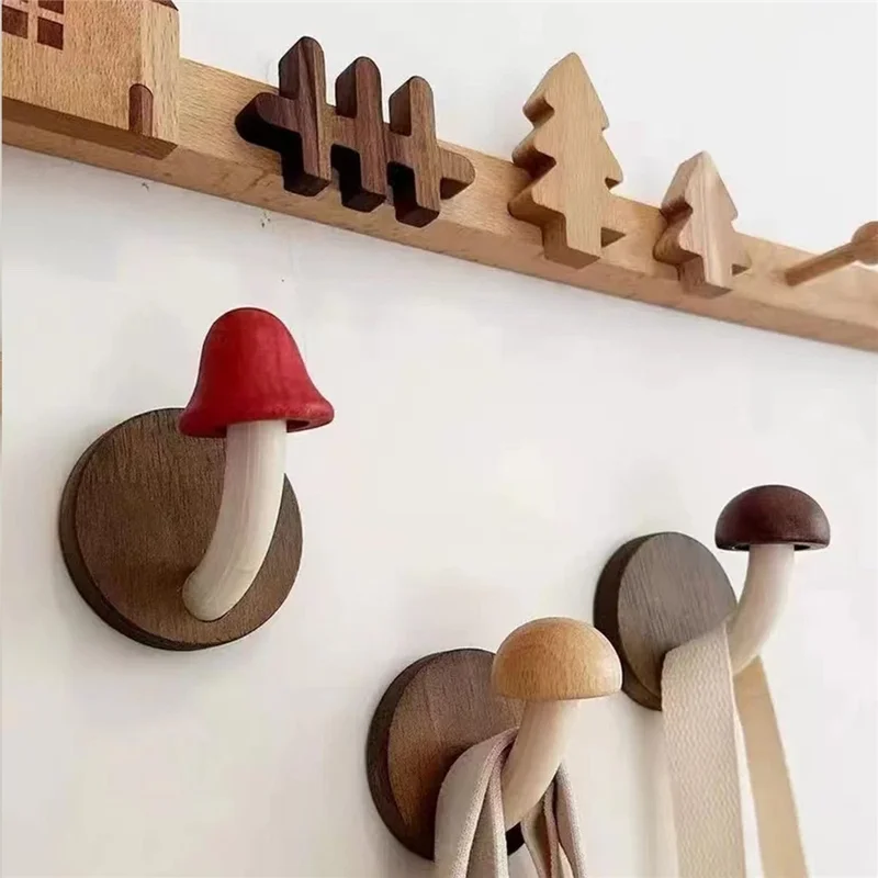 4Pcs Creative Wooden Mushroom Wall Hooks Adhesive Mounting Door Back Storage Hook Coat Hanger
