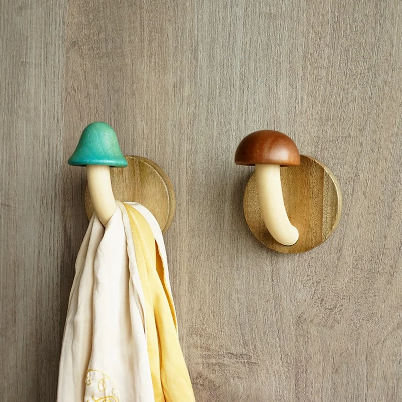 4Pcs Creative Wooden Mushroom Wall Hooks Adhesive Mounting Door Back Storage Hook Coat Hanger