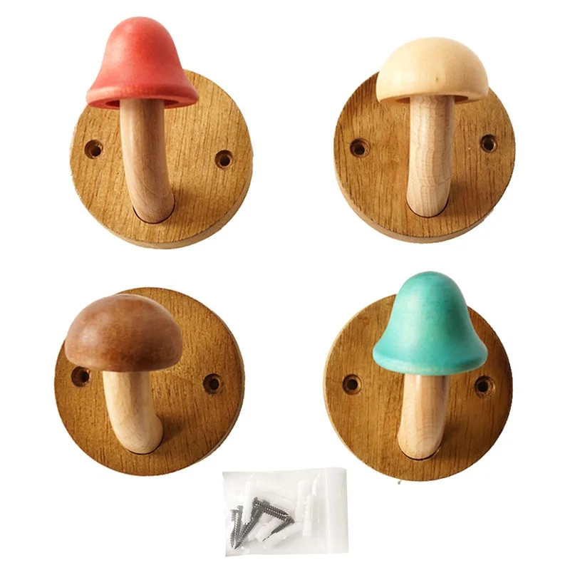 4Pcs Wooden Mushroom Wall Hooks Coat Hangers Door Wall Screw Installation Storage Hooks