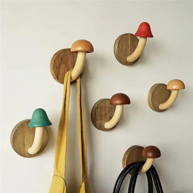 4Pcs Wooden Mushroom Wall Hooks Coat Hangers Door Wall Screw Installation Storage Hooks