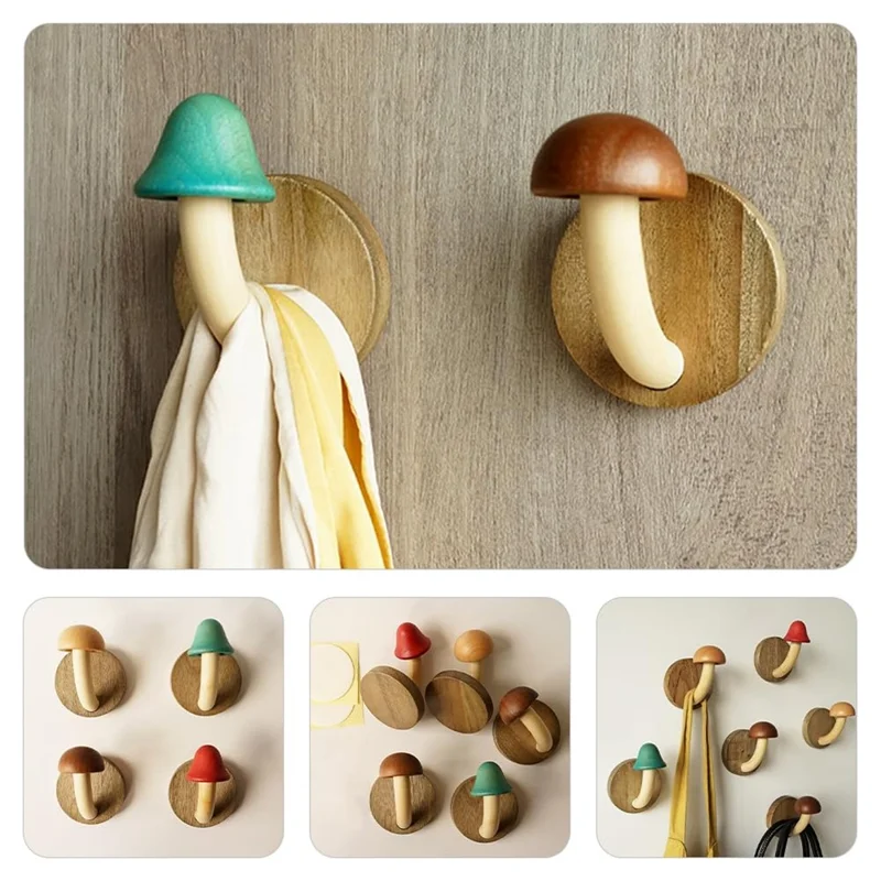 4Pcs Wooden Mushroom Wall Hooks Coat Hangers Door Wall Screw Installation Storage Hooks