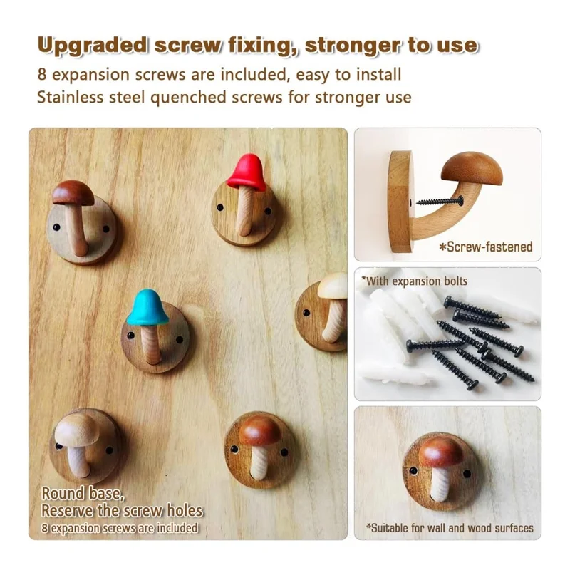 4Pcs Wooden Mushroom Wall Hooks Coat Hangers Door Wall Screw Installation Storage Hooks