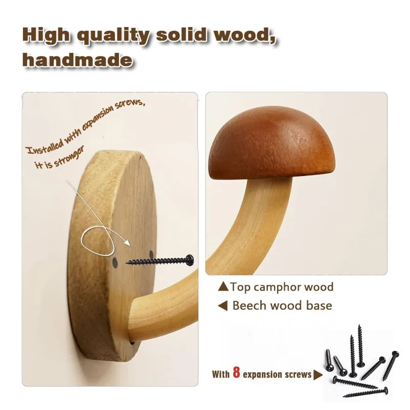 4Pcs Wooden Mushroom Wall Hooks Coat Hangers Door Wall Screw Installation Storage Hooks