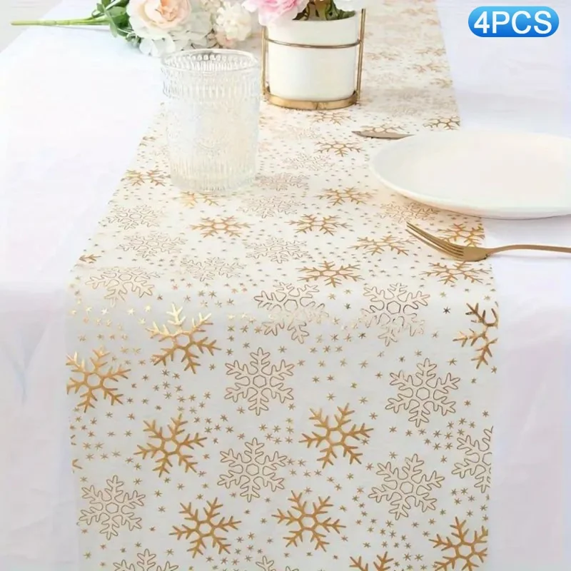 4Pcs 28x45cm Hot Stamping Foil Table Runner Holiday Party Wedding Decor Polyester Mesh Table Flag - Gold Snowflake