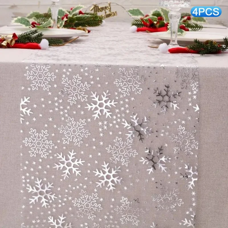 4Pcs 28x45cm Hot Stamping Foil Table Runner Holiday Party Wedding Decor Polyester Mesh Table Flag - Silver Snowflake