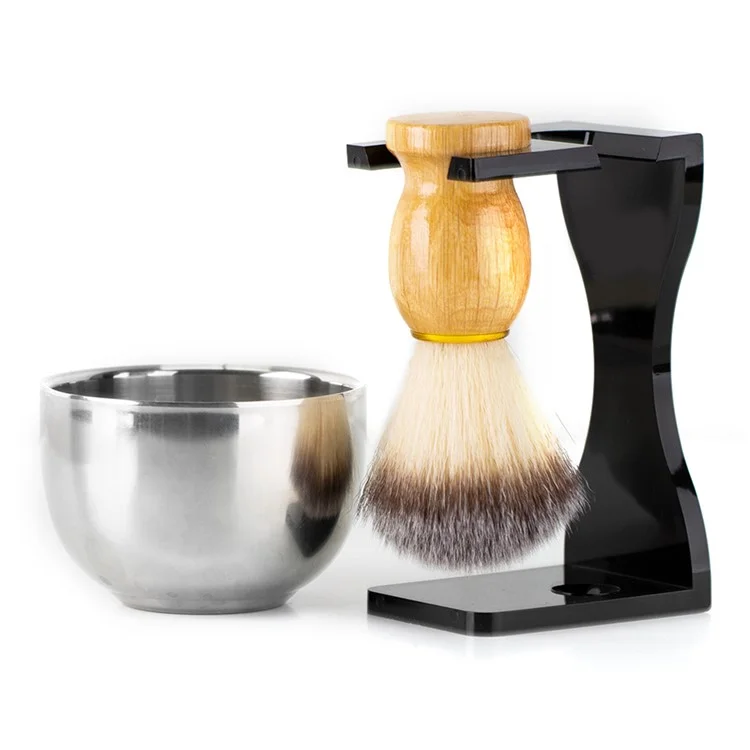 3 In 1 Shaving Brush Set with Acrylic Stand Stainless Steel Bowl Beard Grooming Kit for Men - Black