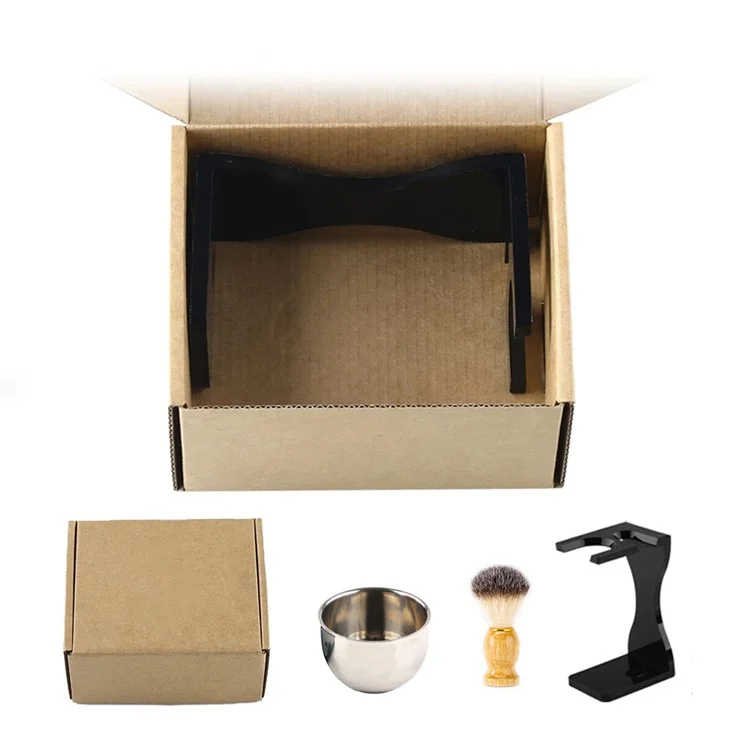 3 In 1 Shaving Brush Set with Acrylic Stand Stainless Steel Bowl Beard Grooming Kit for Men - Black
