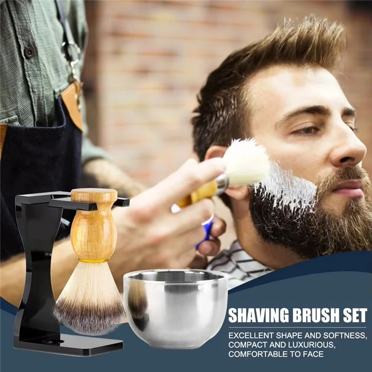 3 In 1 Shaving Brush Set with Acrylic Stand Stainless Steel Bowl Beard Grooming Kit for Men - Black
