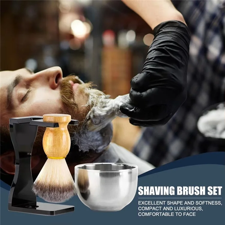 3 In 1 Shaving Brush Set with Acrylic Stand Stainless Steel Bowl Beard Grooming Kit for Men - Black