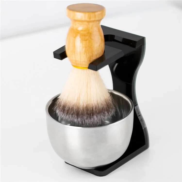 3 In 1 Shaving Brush Set with Acrylic Stand Stainless Steel Bowl Beard Grooming Kit for Men - Black