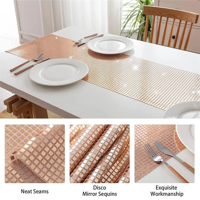 30x180cm Disco Mirror Sequin Plaid Table Runner European Wedding Party New Year Decor Tablet Flag - Rose Gold
