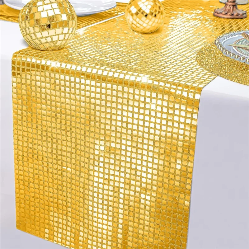 30x275cm Disco Mirror Sequin Plaid Table Runner European Wedding Party New Year Decor Tablet Flag - Gold
