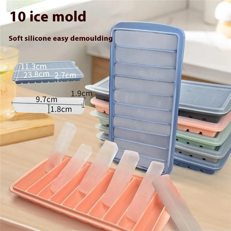 10 Grids Long Strip Silicone Ice Cube Tray with Lid Kitchen Baking Finger Biscuit Mold (BPA Free, No FDA Certificate) - Dark Grey