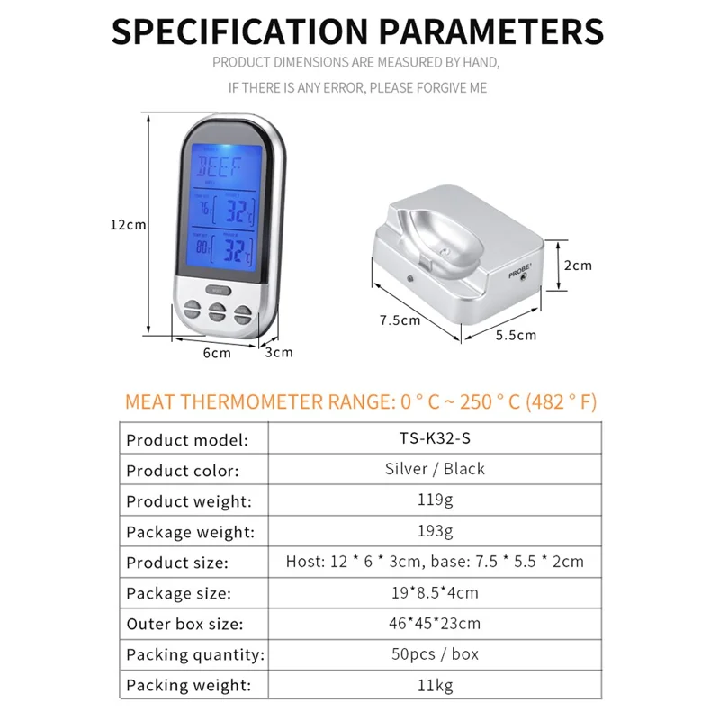 TS-K32 Bidirectional Probe Multifunctional Wireless BBQ Thermometer Food Oven Temperature Measurement Tool (BPA Free, FDA Certificated) - Black