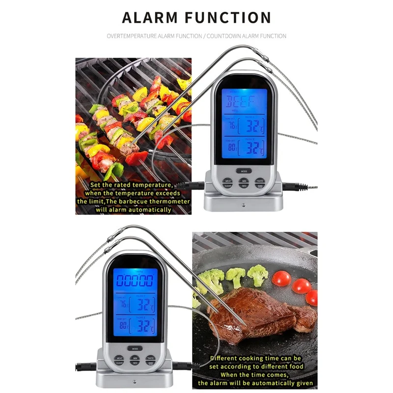 TS-K32 Bidirectional Probe Multifunctional Wireless BBQ Thermometer Food Oven Temperature Measurement Tool (BPA Free, FDA Certificated) - Black