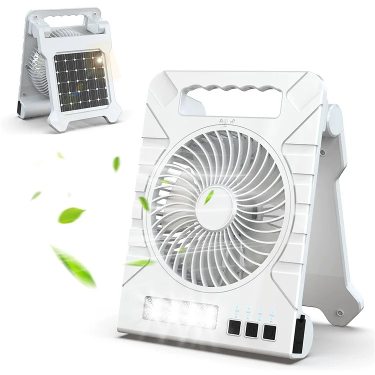 Ventilatore da scrivania solare con 3 velocità e luce LED, power bank portatile per campeggio / escursionismo - Bianco