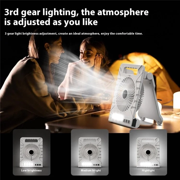Ventilatore da scrivania solare con 3 velocità e luce LED, power bank portatile per campeggio / escursionismo - Bianco