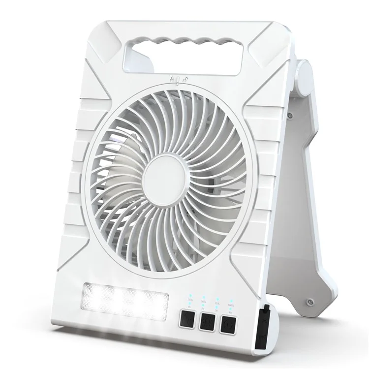 Ventilatore da scrivania solare con 3 velocità e luce LED, power bank portatile per campeggio / escursionismo - Bianco
