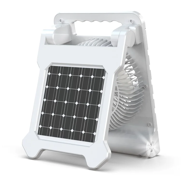 Ventilatore da scrivania solare con 3 velocità e luce LED, power bank portatile per campeggio / escursionismo - Bianco