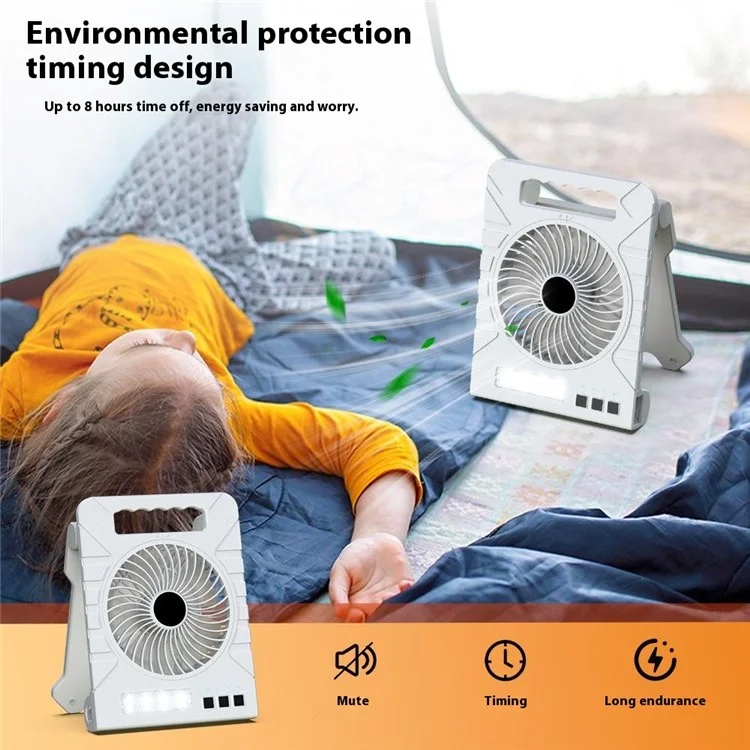 Ventilatore da scrivania solare con 3 velocità e luce LED, power bank portatile per campeggio / escursionismo - Bianco