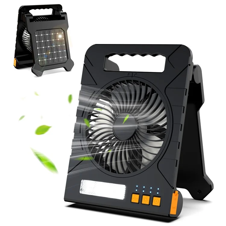 3 Gears Adjustable Solar Powered Desk Fan with LED Light Portable Power Bank for Camping  /  Hiking - Black