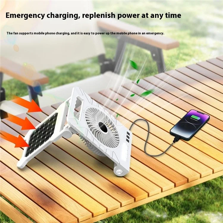 3 Gears Adjustable Solar Powered Desk Fan with LED Light Portable Power Bank for Camping  /  Hiking - Black