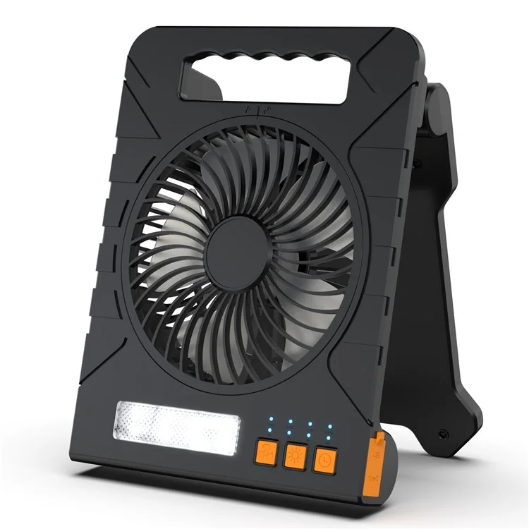 3 Gears Adjustable Solar Powered Desk Fan with LED Light Portable Power Bank for Camping  /  Hiking - Black